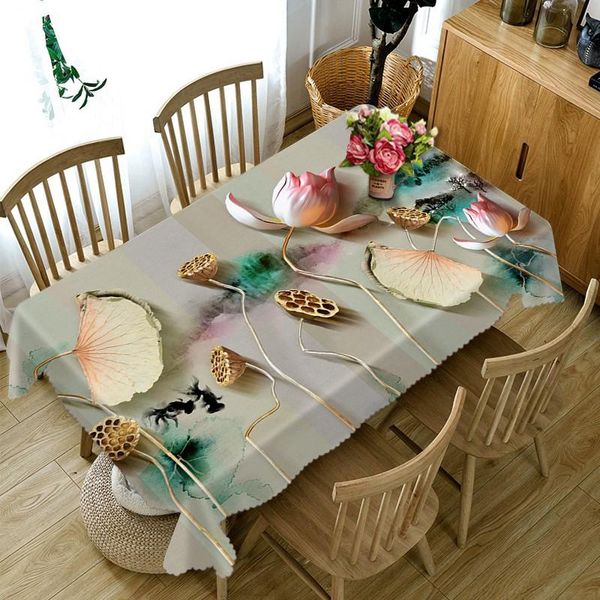 

customize 3d tablecloth green lotus plant pattern dustproof thicken cotton wedding party rectangular table cloth home textile