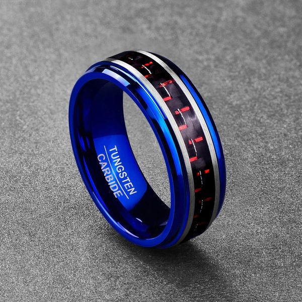 

fiber inlaid red carbon 8mm blue wide ring tungsten jewelry, Silver