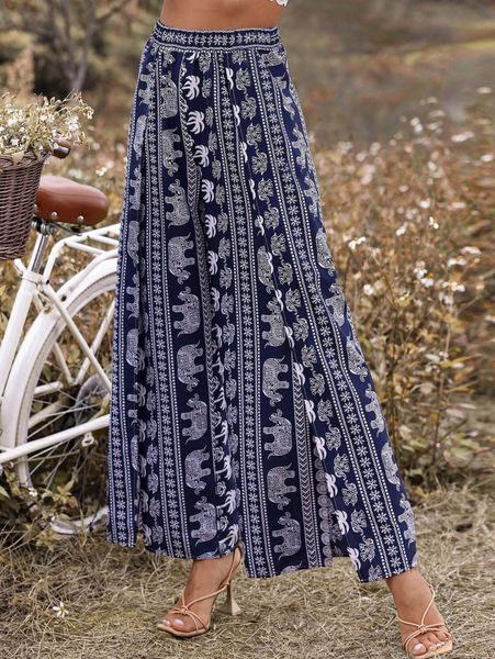 

elephant print wrap split thigh wide leg pants m7gv#, Black;white