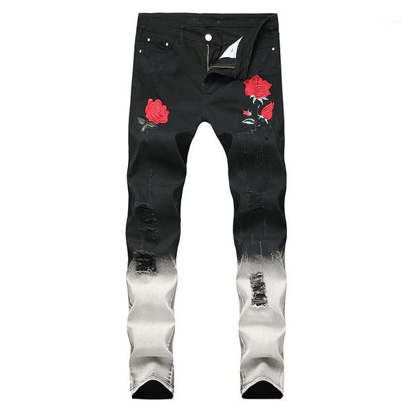 

sokotoo men's fashion rose flower embroidery ripped jeans slim tie and dye gradient color holes denim pants1, Blue