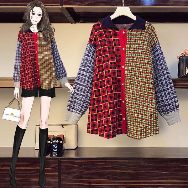 

women's knits & tees chic plaid knitted women cardigan patchwork button up collar fashion plus size sweater streetwear female long slee, White