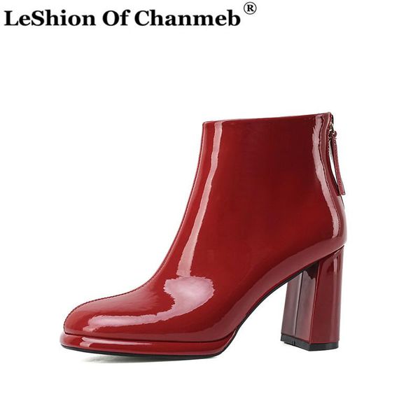 

women short boots shoes real leather platform square high heel red ankle boots round toe zip patent leather lady white 42, Black