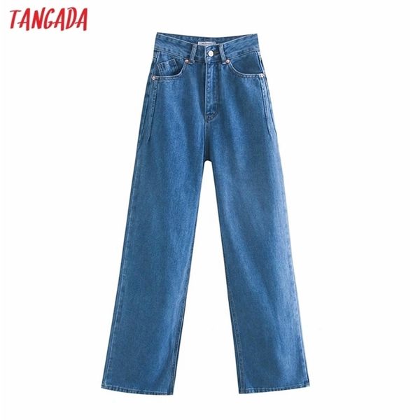 

tangada women high waist overlength jeans pants trousers pockets zipper female wide leg denim pants 4m520 201223, Blue