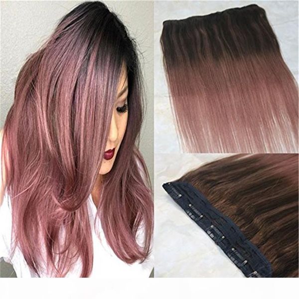 

omber balayage rose gold one piece clip in hair extensions 5 clips straight remy hair salon quality 9a grade 3 4 full head, Black