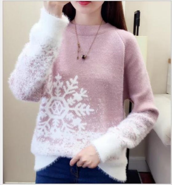 

print snowflake christmas sweater pullovers women autumn spring knitted jumper female short cashmere plush 2021 swater h311, White;black