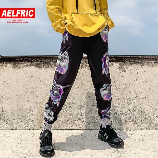 

aelfric eden funny cat print harem pants harajuku fashion streetwear color block sweatpants hip hop casual joggers men trousers1, Black