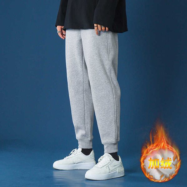

autumn and winter plush men's casual korean trend loose sports pants versatile grey trousers, Black