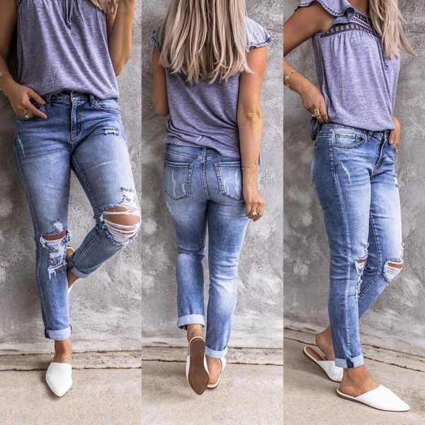 

women retro denim jeans ripped hole washed straight jeans pants ladies stretch trousers1, Blue