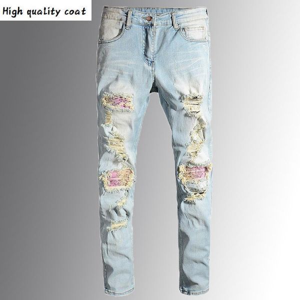 

patchwork men's handkerchief paisley print biker jeans blue halo ripped skinny denim stretch pants1
