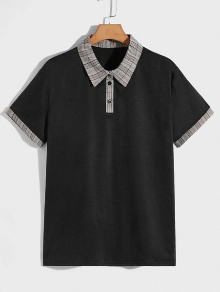 

men contrast plaid collar polo shirt q03j#, White;black