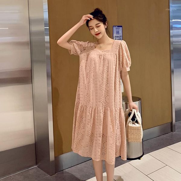 

maternity dresses summer loose fashion lace dress short sleeve square collar hollow out clothes sweet pregnant women cotton dress1, White