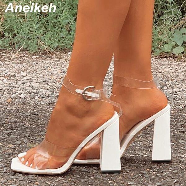 

aneikeh summer square toe women shoes sandals fashion jelly shoes pvc buckle square heel buckle strap wedding party size 35-411, Black