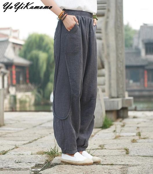

yoyikamomo women cotton linen pants elastic waist solid color pockets 2020 autumn vintage casual soft trousers gray/beige/blue1, Black;white