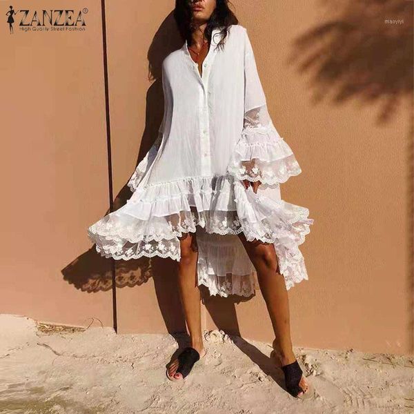 

fashion lace patchwork dress women's summer sundress zanzea 2020 casual flare sleeve mid-claf vestidos female white shirt robe1, Black;gray
