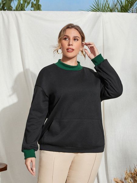 

plus solid contrast trim drop shoulder sweatshirt l6ua#, Black