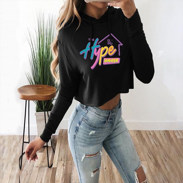 

the hype house cat ears cropped hoodie women charli damelio print hoodies addison rae girls hooded sweatshirt clothes, Black