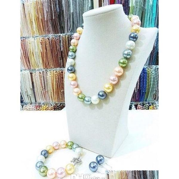 

14mm multicolor south sea shell pearl necklace bracelet earrings set skph1, Silver