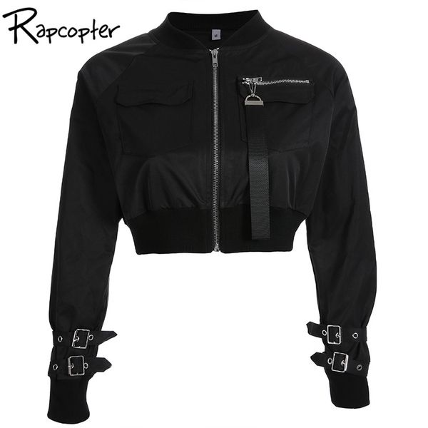 

rapcopter outerwear coat bomber jacket women patch long sleeve autumn jacket pocket hig waist buckle zipper streetwear jacket y190810, Black;brown