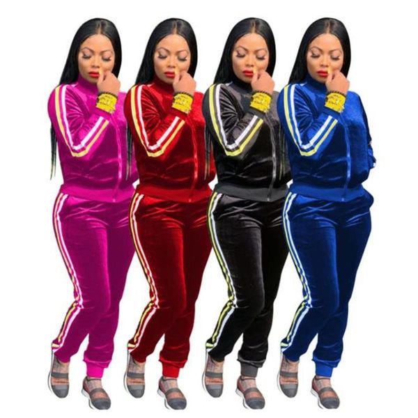 

women's tracksuits winter two piece set for women thick striped sports zipper gym sets casual turn down collar femme, Gray