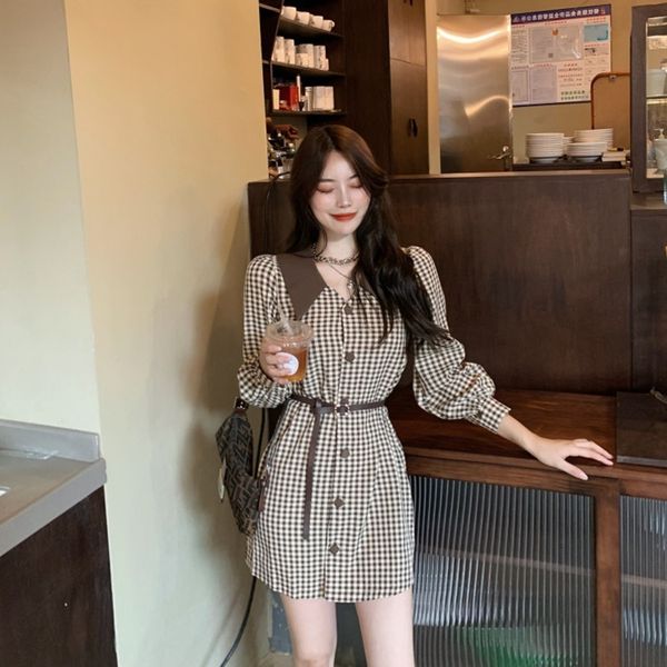 

british skirt skirtdress skirtstyle shows thin and slim plaid dress women's 2020 new foreign style reduced age and waisted plaid skirt, Black;gray