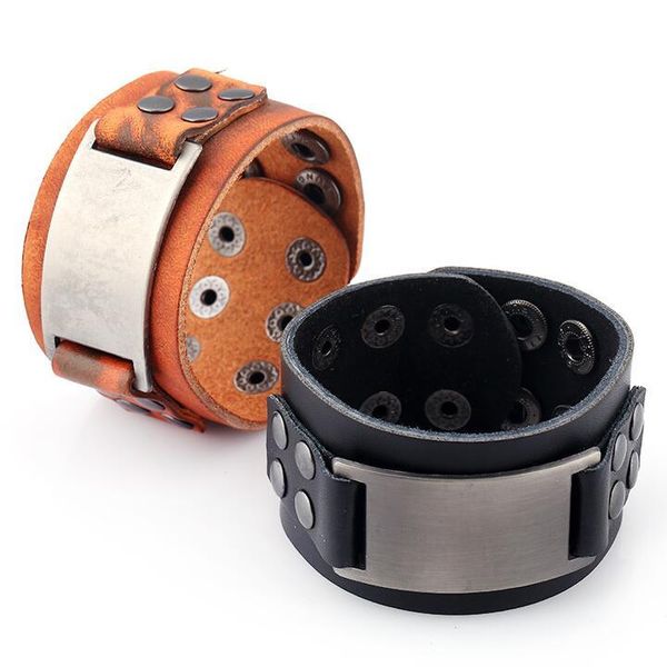 

charm bracelets fashion punk black brown wide leather wristbands retro alloy simple rock bangle wrap biker women men jewelry, Golden;silver