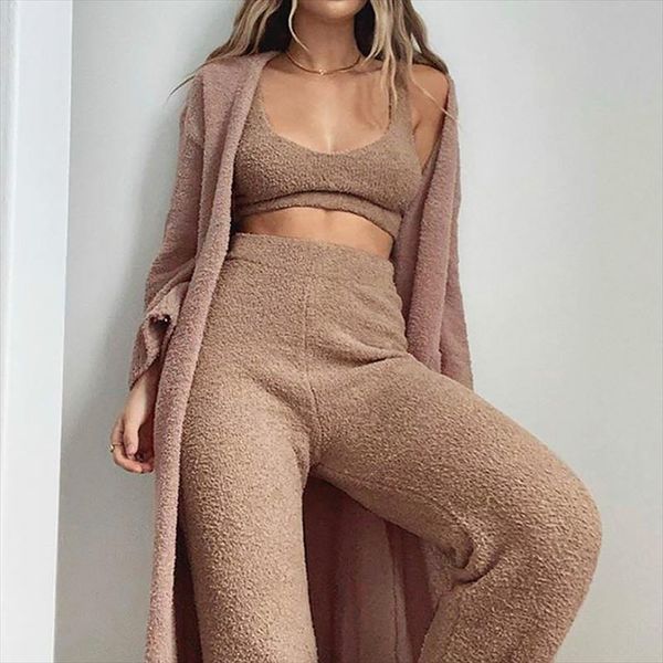 

осень зима из искусственного меха двух частей набор v шеи жилет упругая талия брюки женские мода плюшевые без рукавов подрезанные топы брюки, Gray