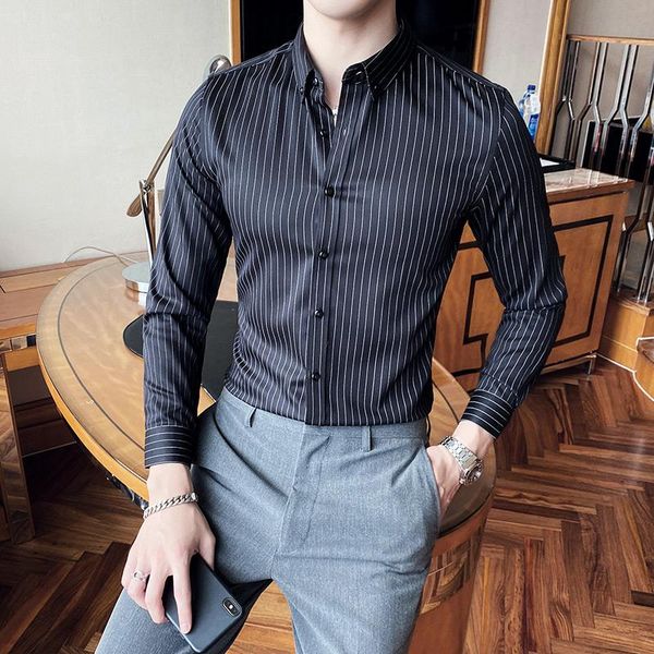 

men's dress shirts 5colors korean slim fit business formal wear striped men long sleeve simple gentlemen office blouses quality, White;black