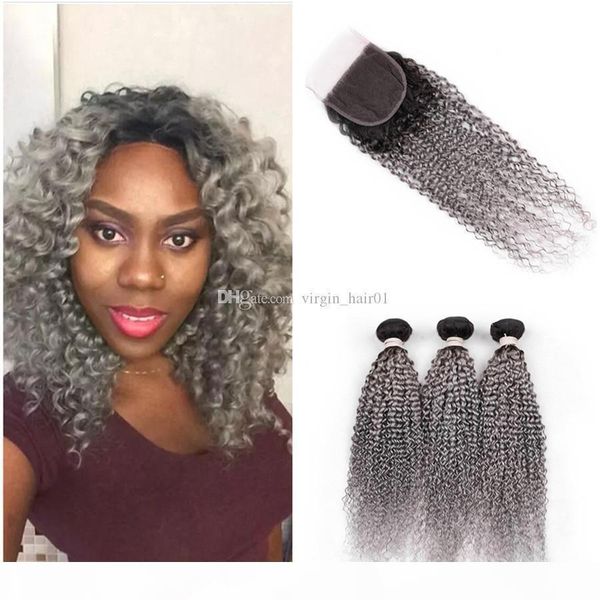 

two tone grey afro kinky curly lace closure with bundles virgin malaysian human hair weave bundles kinky curly ombre hair with lace closure, Black;brown