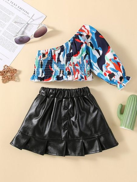 

baby graphic print one shoulder shirred & pleated hem pu skirt she, White