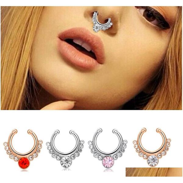 

fashion crystal fake nose ring piercing body jewelry for women girls septum clicker non piercing hanger clip hoop bijoux gift gnieh, Silver