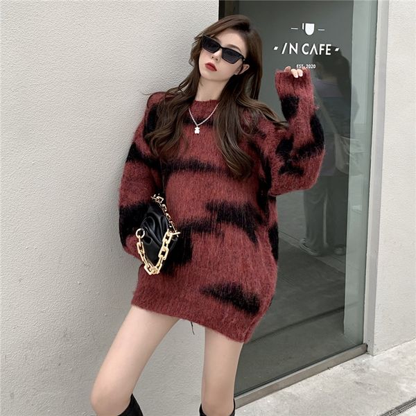 

2020 autumn new versatile color matching long sleeve imitation mohair loose and thin medium length sweater for women