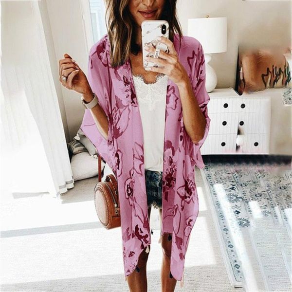 

women's swimwear lady fashion summer floral print chiffon beach dress cardigan kimono cover up women saida de praia pareos mujer, White;black