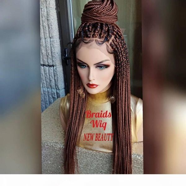 

#30 brown box braids wig with baby hair full braid wig lace front for women africa women style braiding synthetic hair wig, Black