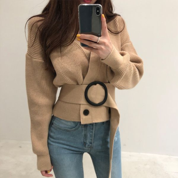 

knitted v-neck belt women's cardigan sweater vintage long batwing sleeve double breasted lace up short sweaters female 201203, White;black