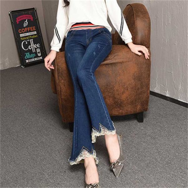 

women's spring and autumn trousers with lace inlaid capris, Blue