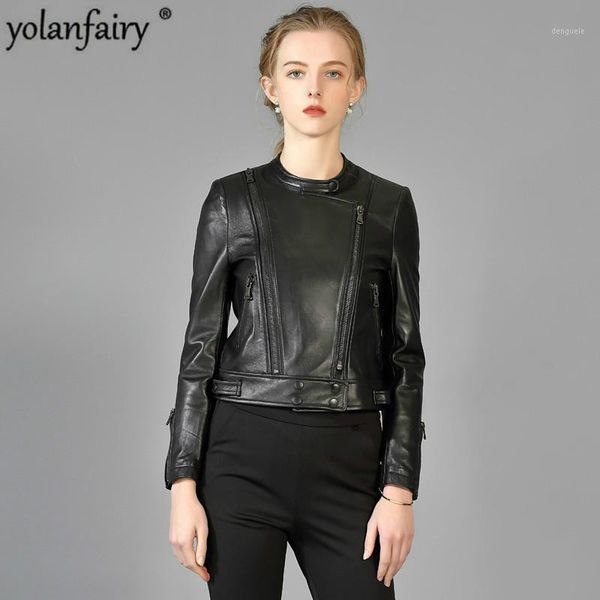 

2020 new women's leather jacket spring autumn real genuine leather jacket women short motorcycle slim fit v16105 kj44171, Black