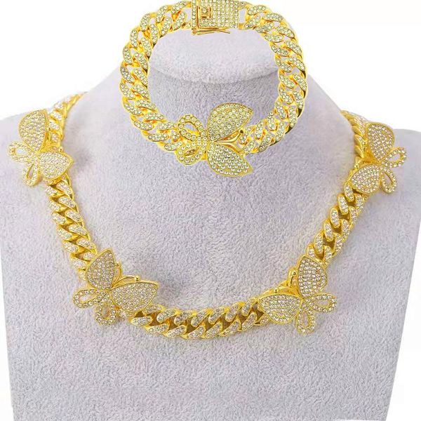 

chains rock necklace+watch+bracelet hip hop prong 12mm butterfly cuban chain iced out paved rhinestone cz bling for men jewelry 3pcs, Silver