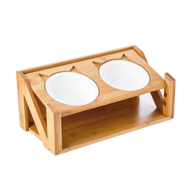 

rack dog pet food ceramic double inclined bamboo wooden frame water basin cat bowl