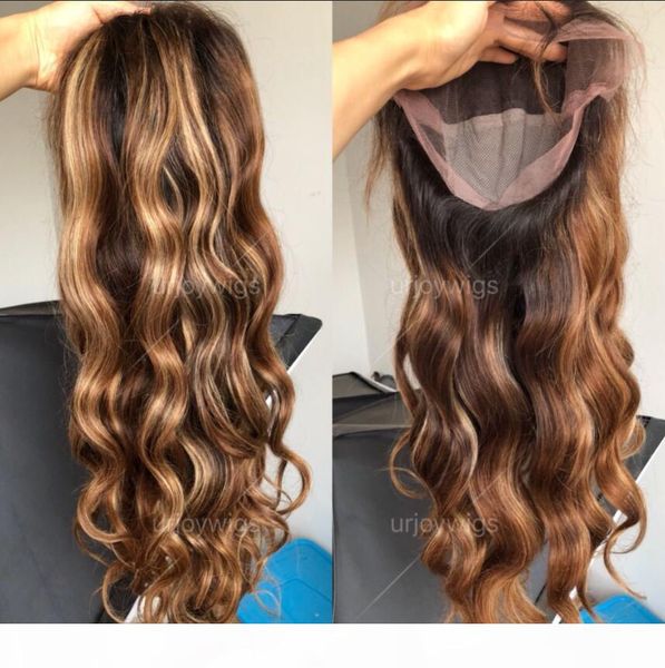 

transparent lace wigs malaysian body wave wigs hd ombre highlight color pre-plucked lace front wig 150% virgin human hair wigs, Black;brown