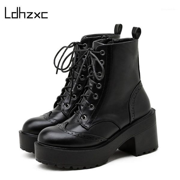 

boots ldhzxc 2021 winter ankle women fashion platform high heels thick short motorcycle female trend style black1, Black