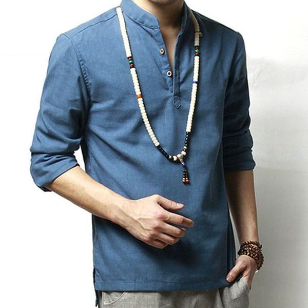 

men's casual shirts summer men`s linen cotton blended shirt mandarin collar breathable comfy traditional chinese style popover henley f, White;black