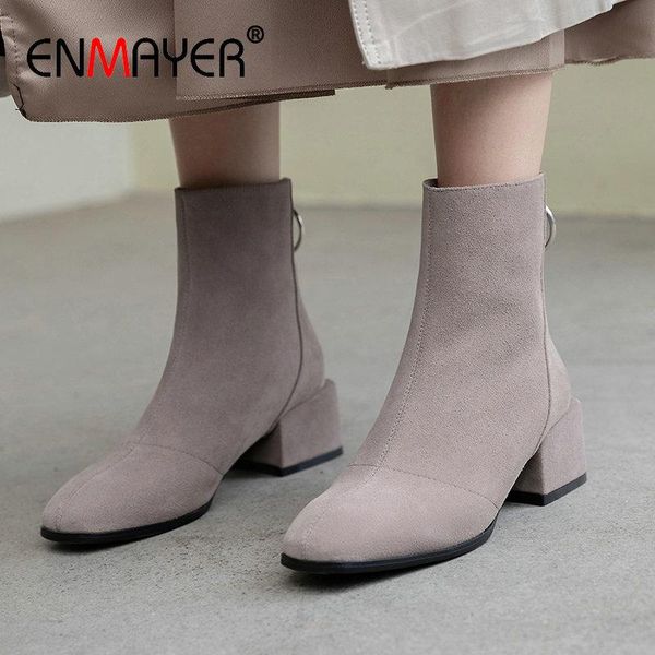

enmayer 2021 winter boots women round toe ankle zip kid suede leather boots women square heel winter shoes size 34-39, Black