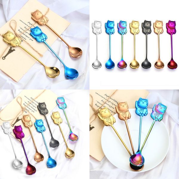 

304 stainless steel dessert spoon money cat modeling ice cream spoons bar blue black coffee stir tableware 4 2xs l1