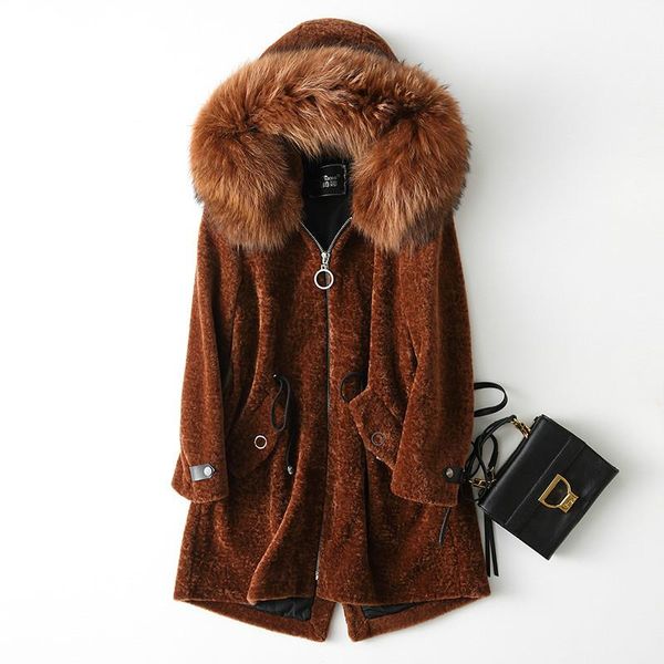 

women's fur & faux sheep shearing winter coat real women clothes 2021 korean raccoon collar 100% wool kqn17077-2 yy2021, Black