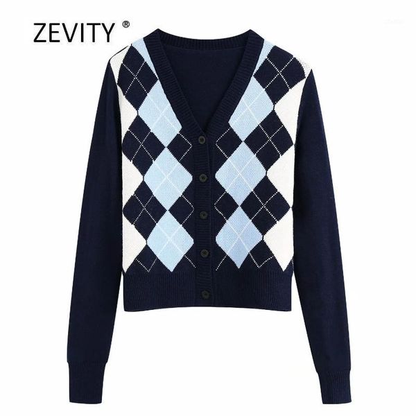 

women's knits & tees zevity england style women vintage rhombus pattern knitting casual slim sweater female cardigan chic retro s3021, White