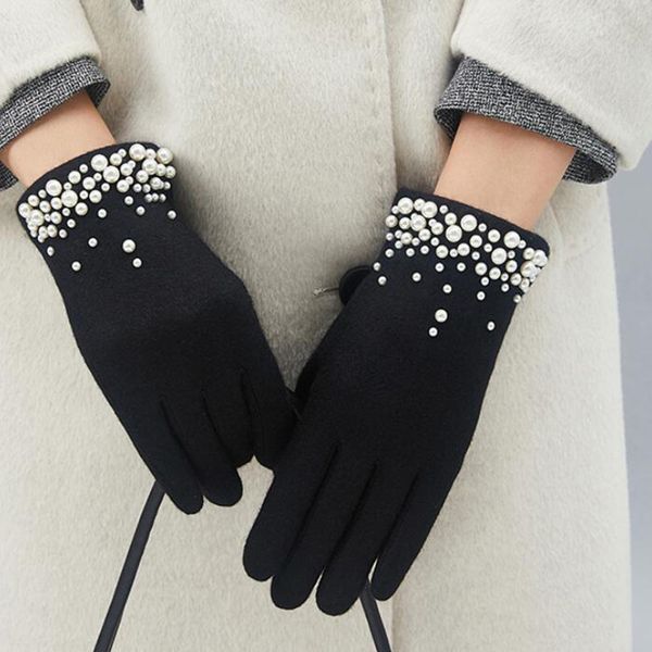 

female luxury wool warm full finger pearl winter touch screen mittens women rabbit cashmere thicken driving gloves h58, Blue;gray