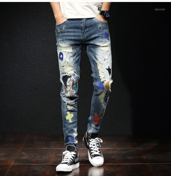 

original design trendy pants men's slim pants embroidered hole patch jeans new in fall 20201, Blue
