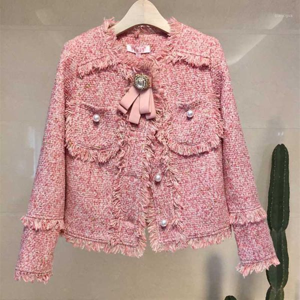 

vintage wool tweed jackets women plaid tassel cropped bomber jacket coat autumn winter outwear elegant harajuku pearls bow a5061, Black;brown