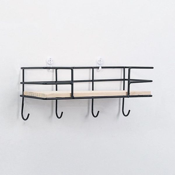 

wall mounted iron wood basket shelving hook home decorative storage rack1