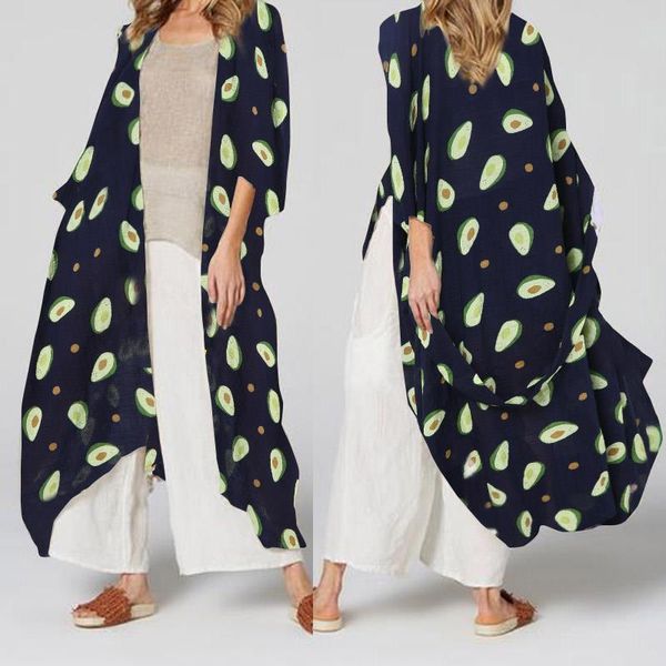 

s-5xl celmia vintage long kimono cardigan women avocado print blouses summer beach cover up shirts loose blusas plus size, White